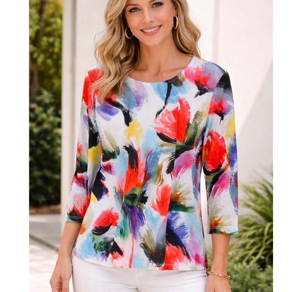 Jess & Jane "Peony" Medium Floral Print Top Colorful Brush‎ Strokes NWT